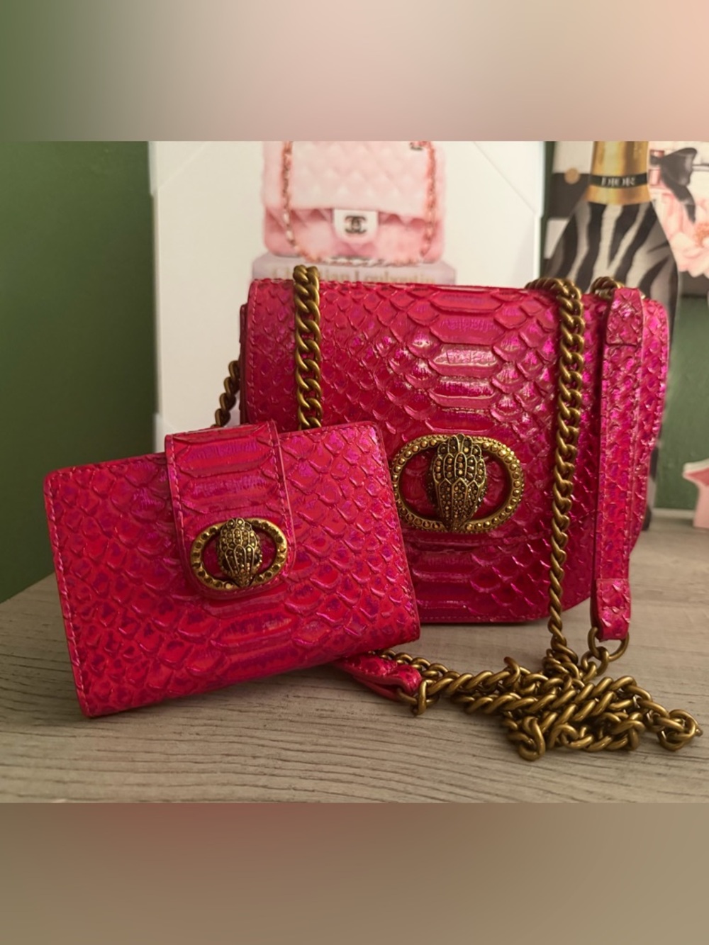 Kurt Geiger Hot Pink Snake-Embossed Crossbody & Wallet NWOT